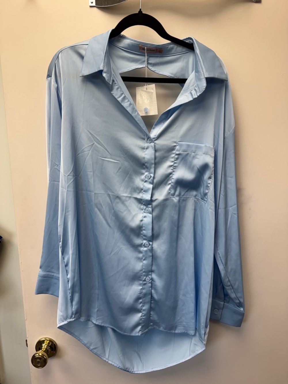 Relaxed Satin Button-Down Shirt in Light‎ Blue